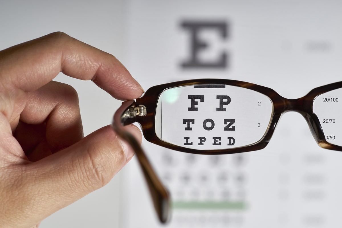 Woman's hand holding eyeglasses and looking through them at an eye exam chart.